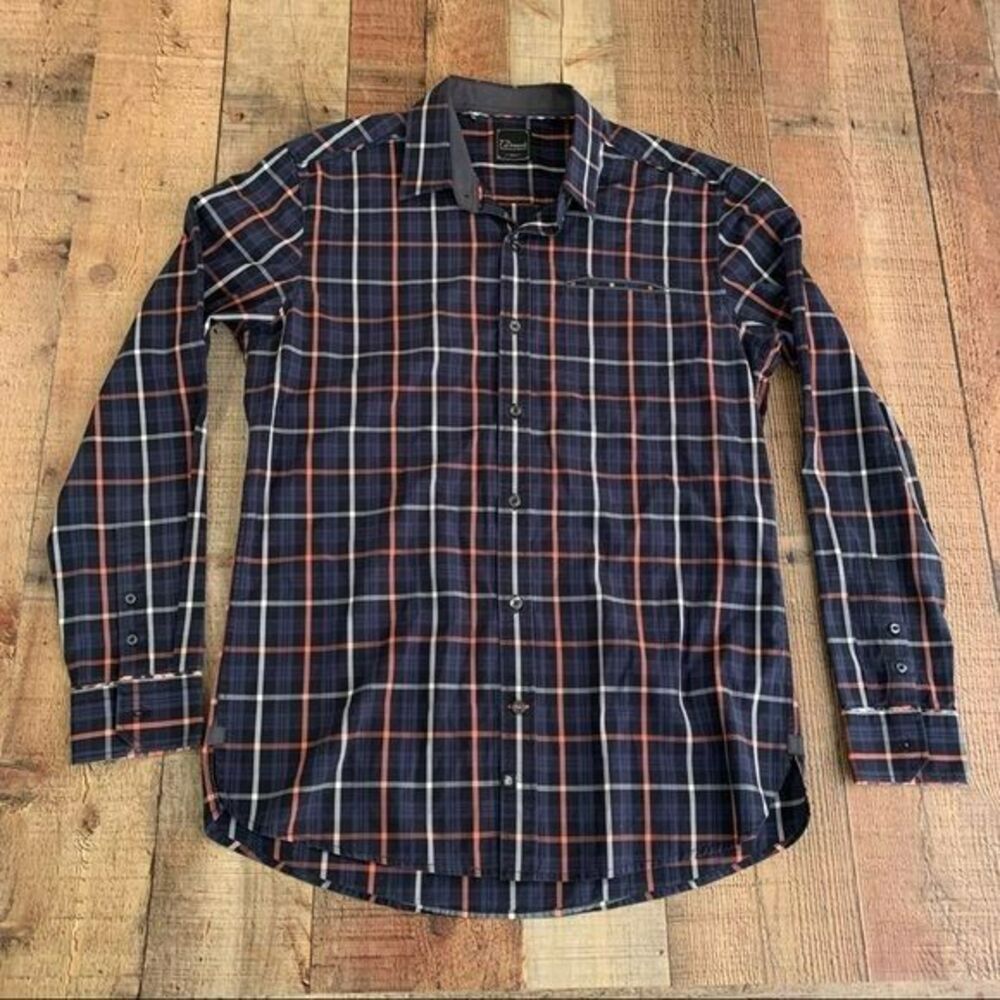 7diamonds mens blue and black checkered long sleeve button up shirt - M